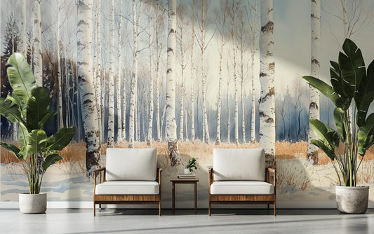 Winter Birch Forest Renter Coastal Wallpaper – lifestyle view, Golden Era Walls