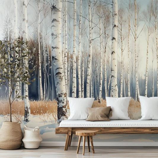 Winter Birch Forest Renter Coastal Wallpaper – room setting, Golden Era Walls