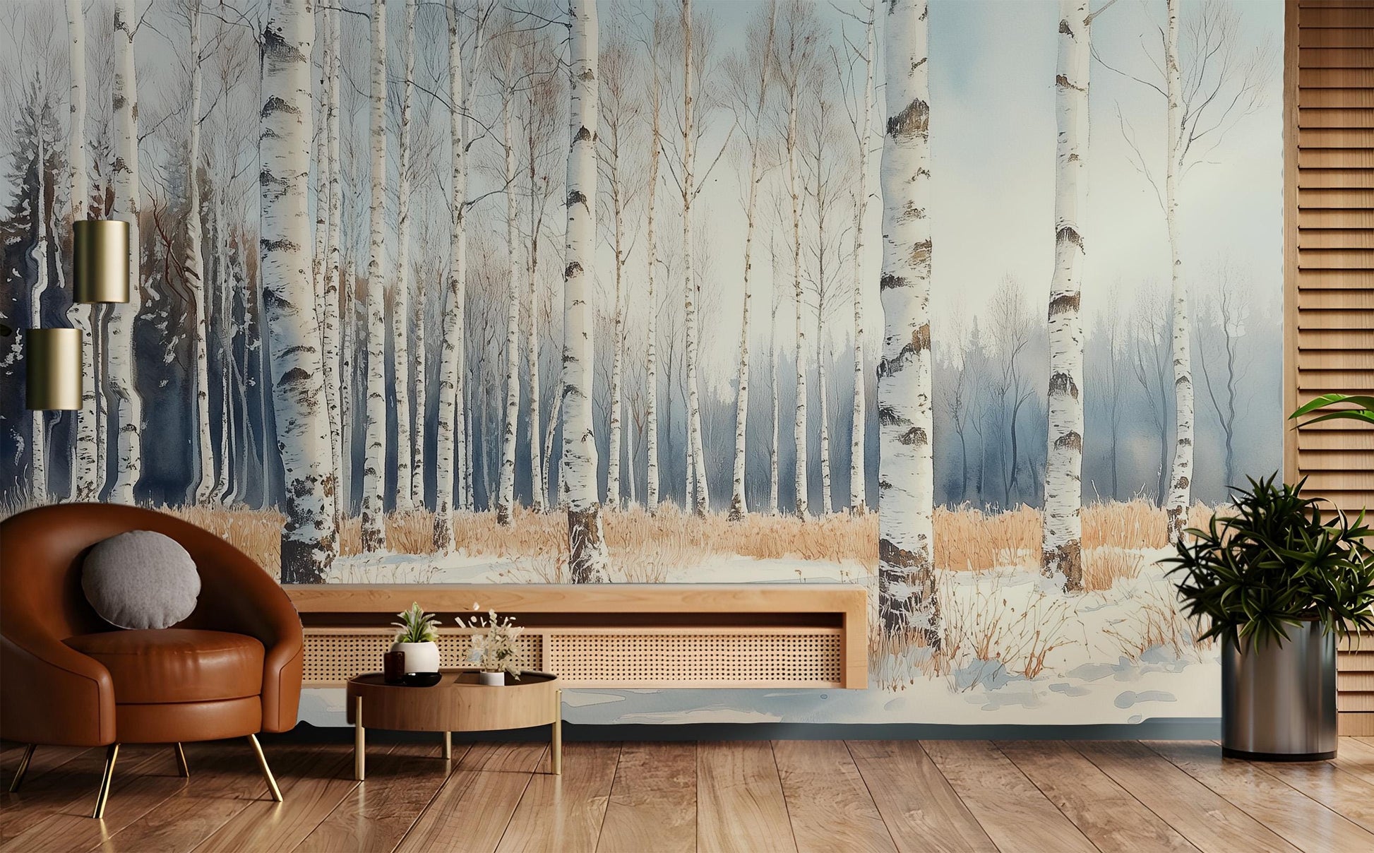 Winter Birch Forest Renter Coastal Wallpaper – detail view, Golden Era Walls
