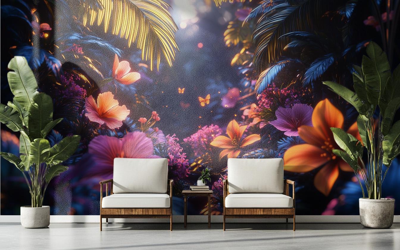 Bioluminescent Tropical Forest Print Floral Wallpaper – peel and stick wallpaper mural, Golden Era Walls