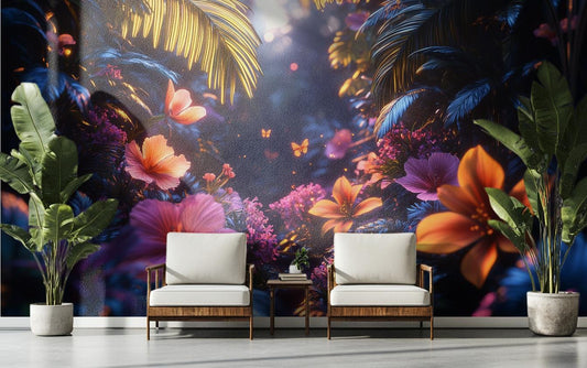 Bioluminescent Tropical Forest Print Floral Wallpaper – peel and stick wallpaper mural, Golden Era Walls