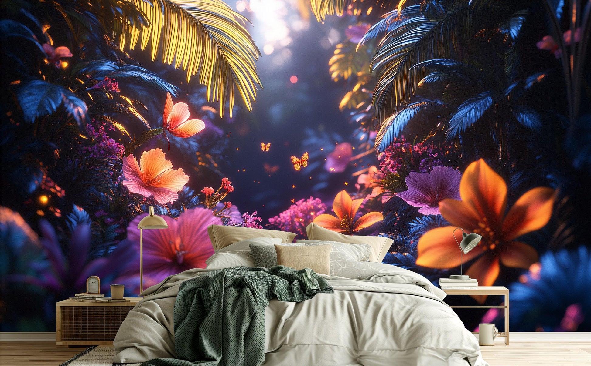 Bioluminescent Tropical Forest Print Floral Wallpaper – room setting, Golden Era Walls