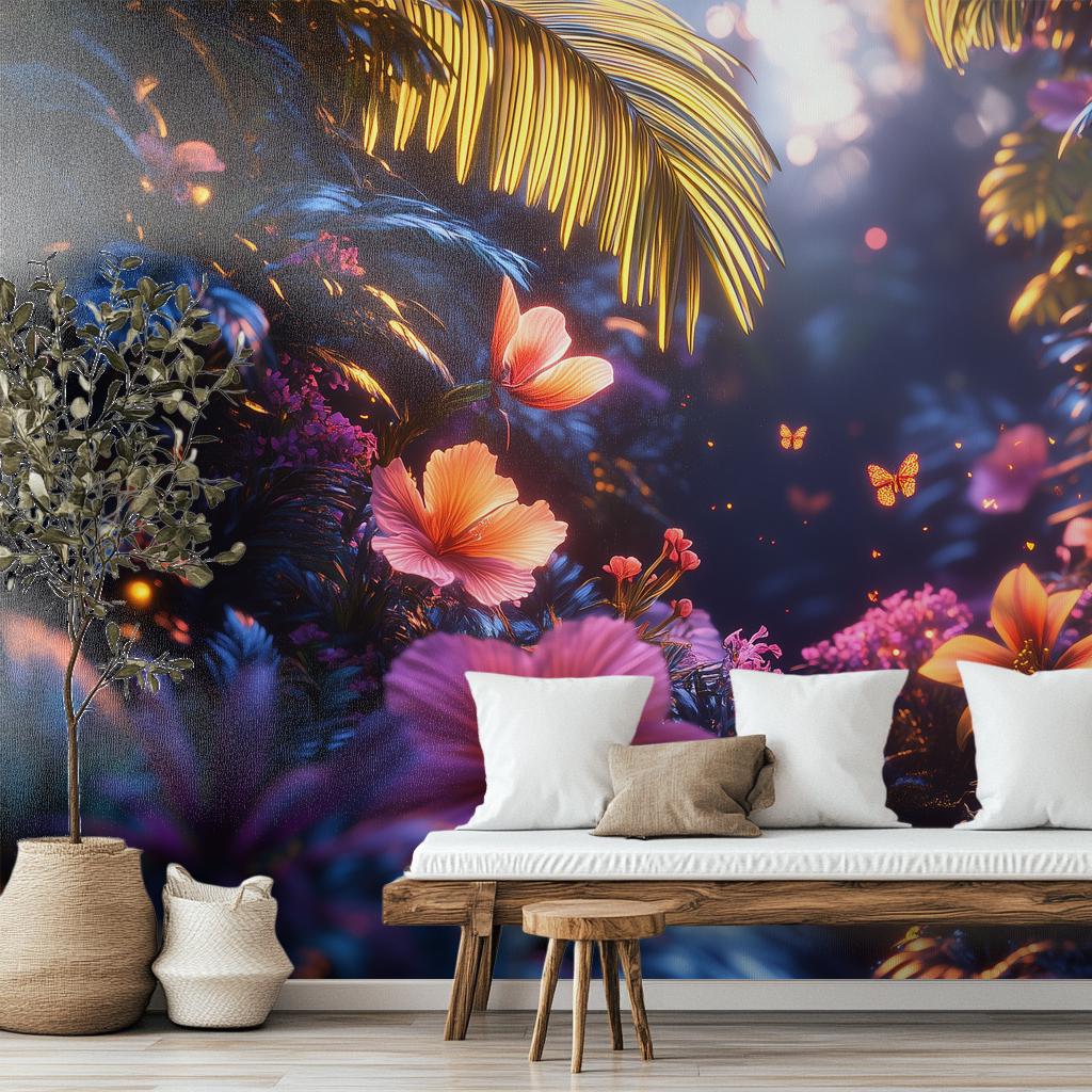 Bioluminescent Tropical Forest Print Floral Wallpaper – scale reference, Golden Era Walls