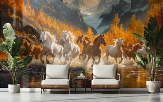 Wild Horses Running Renter Coastal Wallpaper – peel and stick wallpaper mural, Golden Era Walls