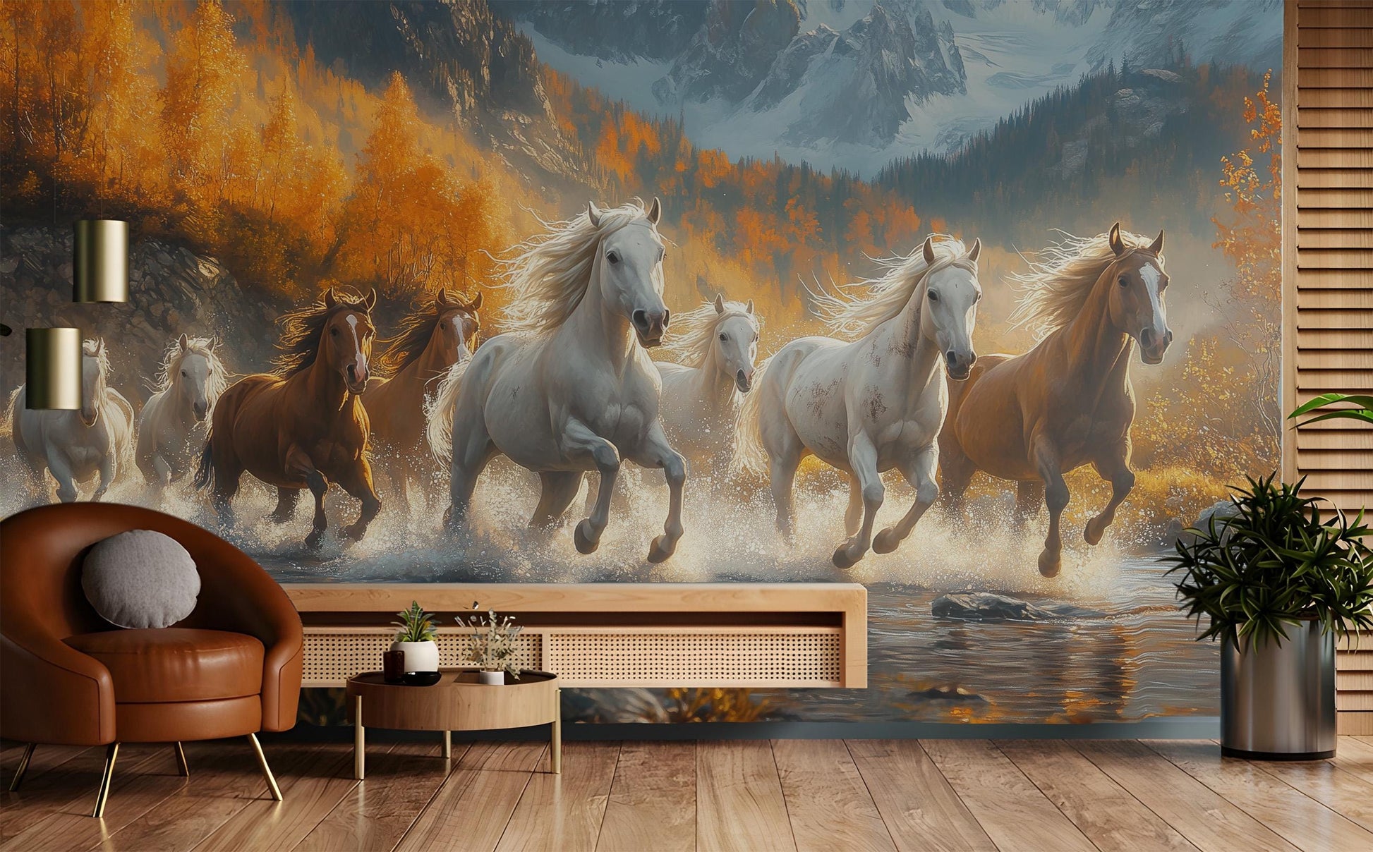 Wild Horses Renter Friendly Wallpaper – room setting, Golden Era Walls