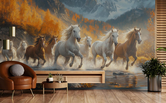 Wild Horses Renter Friendly Wallpaper – room setting, Golden Era Walls