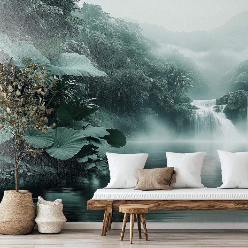 Waterfall Jungle Misty Tropical Tropical Wallpaper – lifestyle view, Golden Era Walls