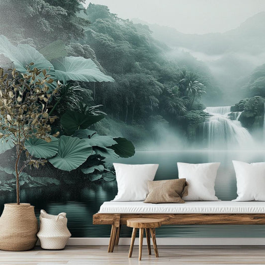 Waterfall Jungle Misty Tropical Tropical Wallpaper – lifestyle view, Golden Era Walls