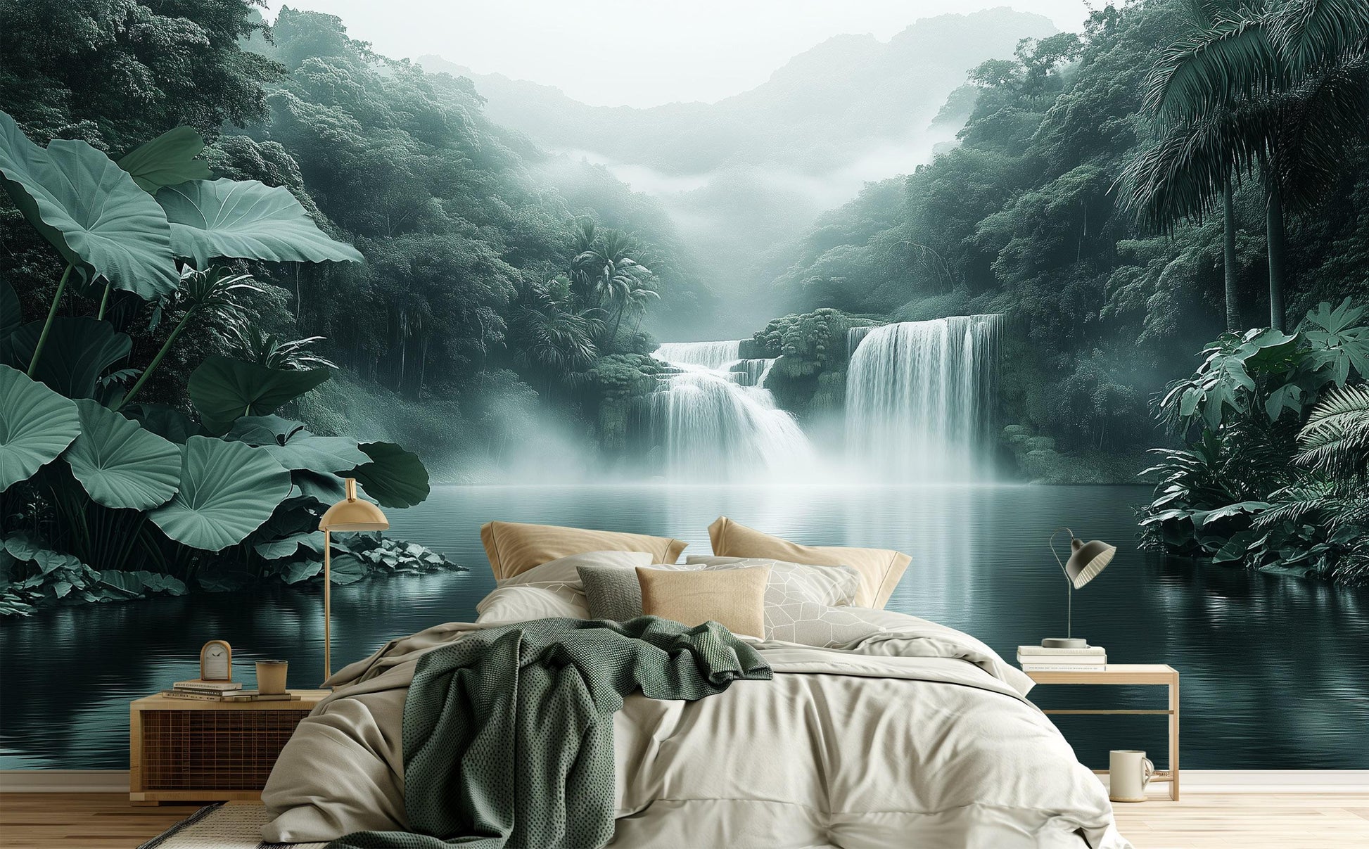 Waterfall Jungle Misty Tropical Tropical Wallpaper – peel and stick wallpaper mural, Golden Era Walls