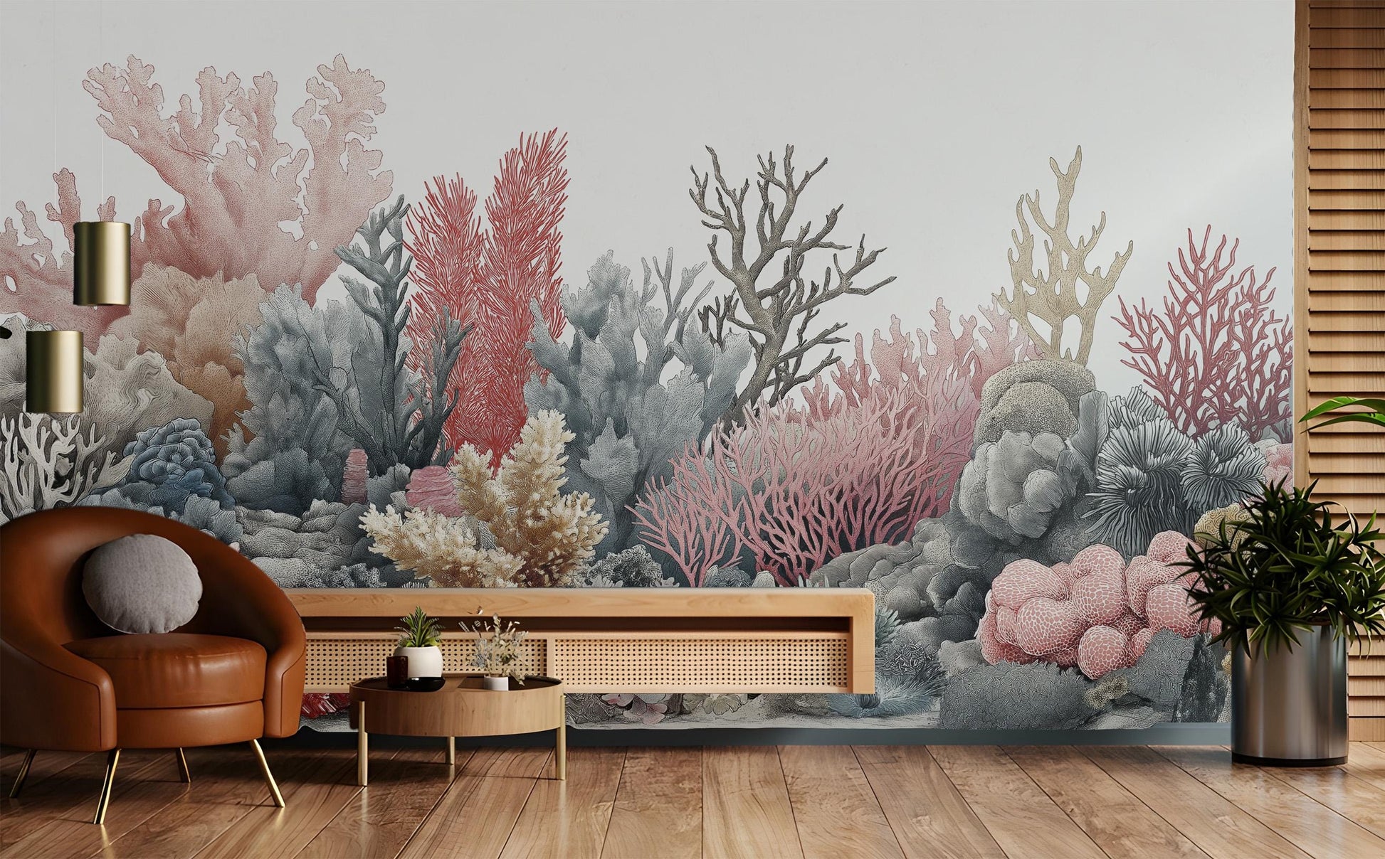 Watercolor Coral Reef or Coastal Wallpaper – room setting, Golden Era Walls