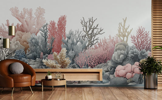 Watercolor Coral Reef or Coastal Wallpaper – room setting, Golden Era Walls