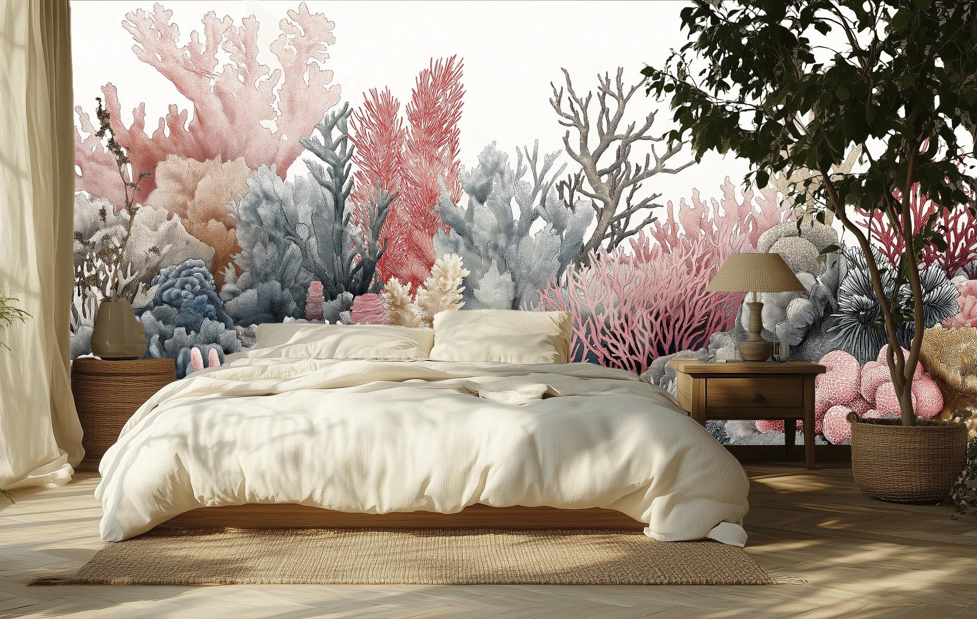 Watercolor Coral Reef or Coastal Wallpaper – scale reference, Golden Era Walls