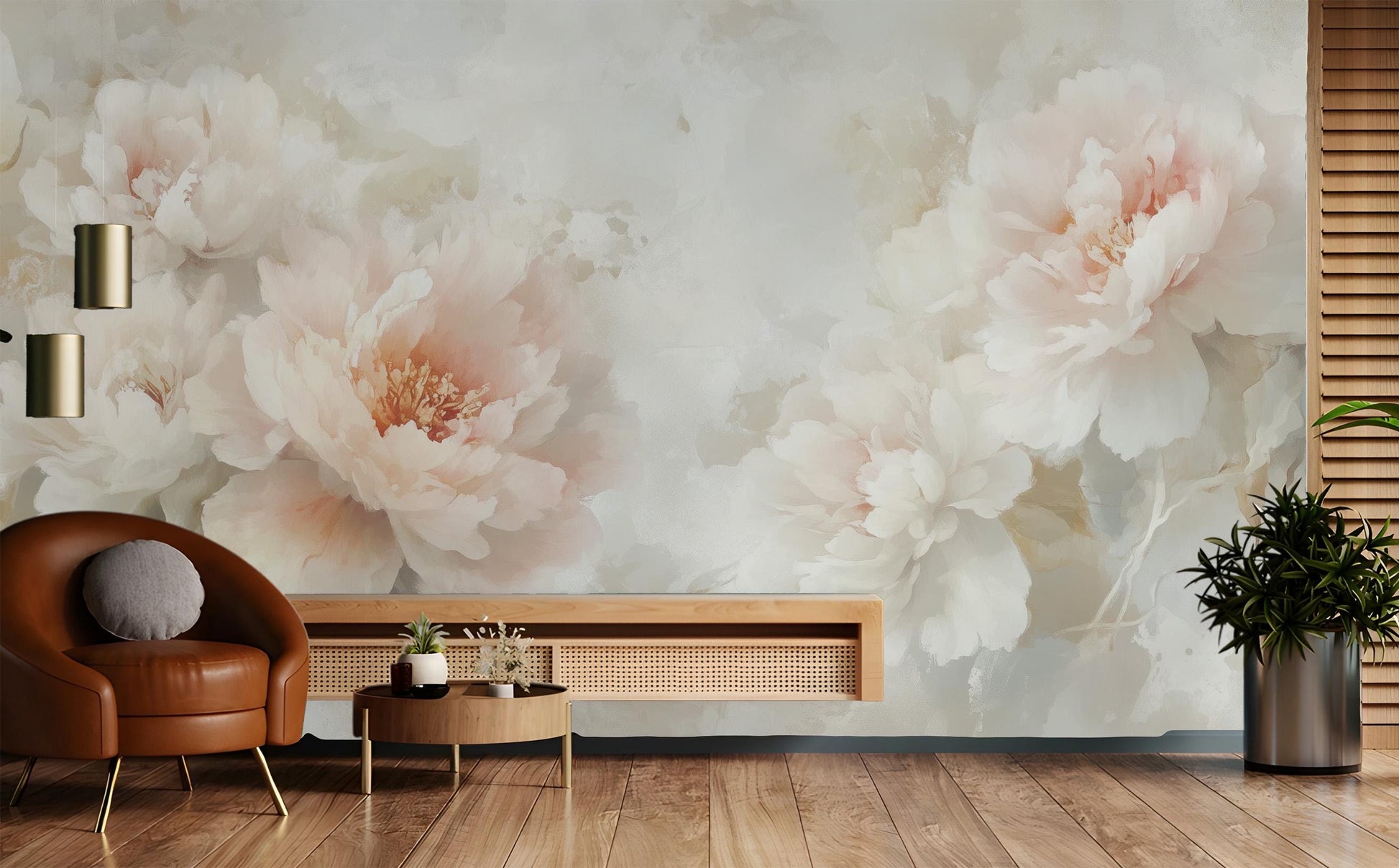Watercolor Blush Peony Floral Floral Wallpaper – scale reference, Golden Era Walls
