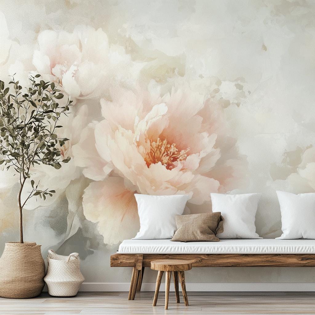 Watercolor Blush Peony Floral Floral Wallpaper – room setting, Golden Era Walls