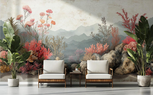 Vintage Underwater Coral Reef Floral Wallpaper – detail view, Golden Era Walls