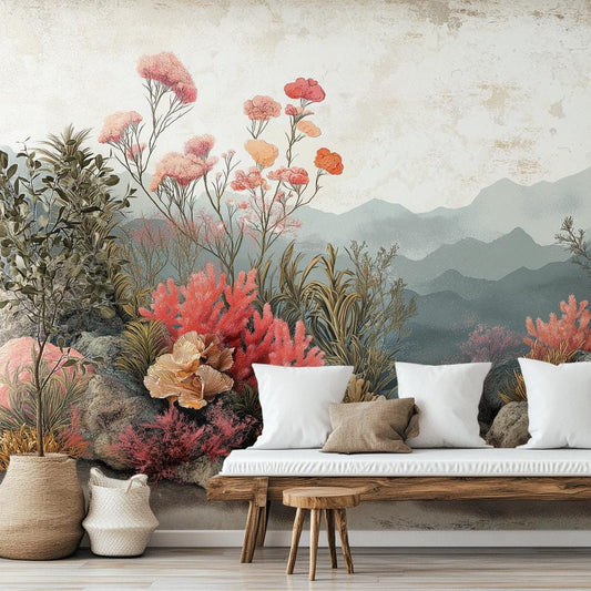 Vintage Underwater Coral Reef Floral Wallpaper – room setting, Golden Era Walls