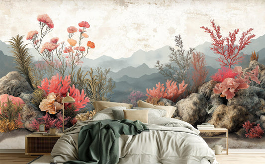 Vintage Underwater Coral Reef Floral Wallpaper – lifestyle view, Golden Era Walls
