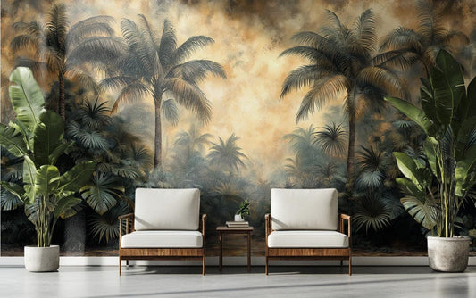 Vintage Tropical Hand Painted Floral Wallpaper – lifestyle view, Golden Era Walls