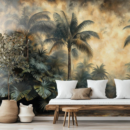 Vintage Tropical Hand Painted Floral Wallpaper – room setting, Golden Era Walls