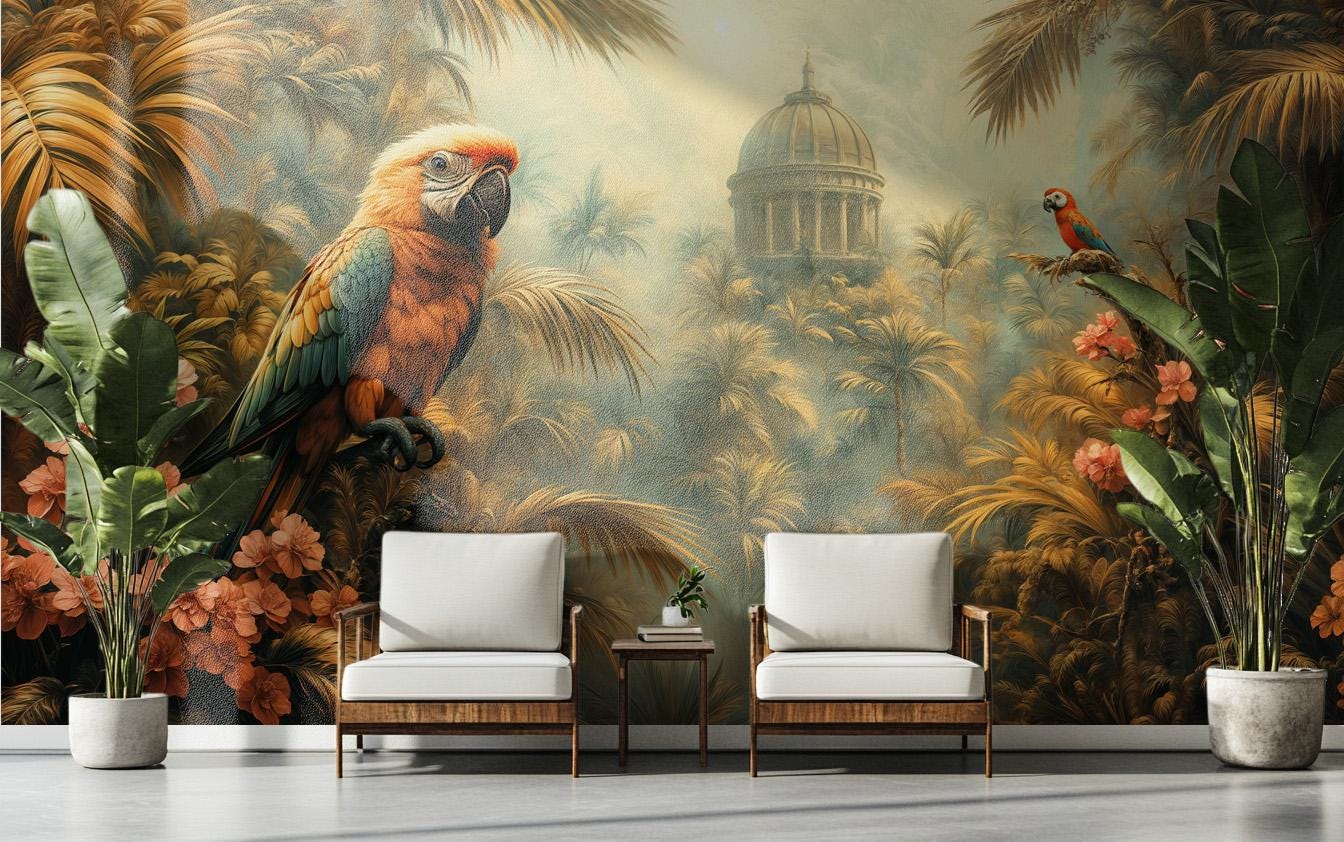 Vintage Tropical Parrot Exotic Floral Wallpaper – scale reference, Golden Era Walls
