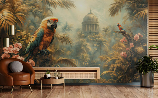 Vintage Tropical Parrot Exotic Floral Wallpaper – room setting, Golden Era Walls