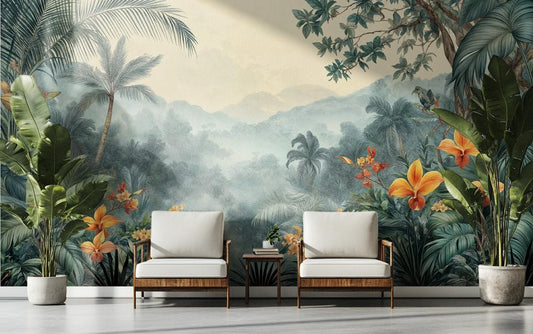 Vintage Tropical Jungle Lush Floral Wallpaper – lifestyle view, Golden Era Walls