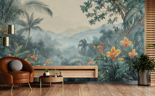 Vintage Tropical Jungle Lush Floral Wallpaper – room setting, Golden Era Walls