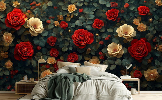 Vintage Rose Dark Romantic Floral Wallpaper – peel and stick wallpaper mural, Golden Era Walls