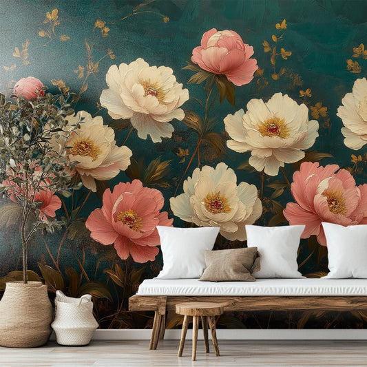 Vintage Peony or Non Floral Wallpaper – room setting, Golden Era Walls