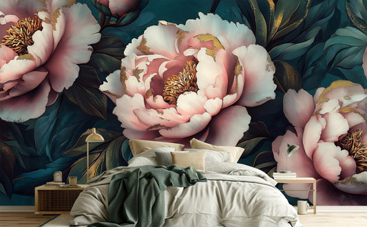 Vintage Peony Flower Classic Floral Wallpaper – lifestyle view, Golden Era Walls