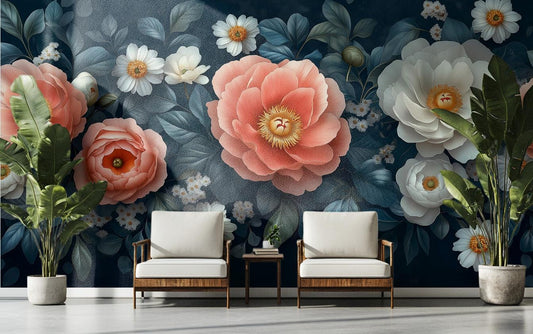 Vintage Peony Floral Dark Floral Wallpaper – lifestyle view, Golden Era Walls