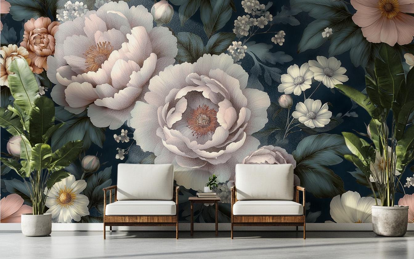 Vintage Peony Floral or Floral Wallpaper – lifestyle view, Golden Era Walls