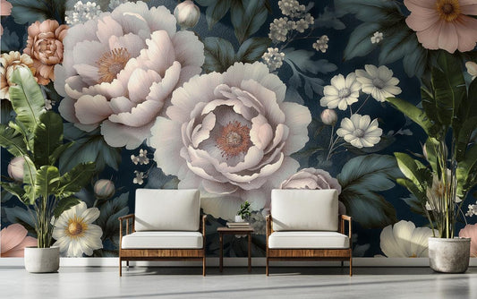 Vintage Peony Floral or Floral Wallpaper – lifestyle view, Golden Era Walls