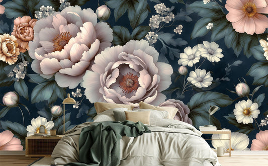 Vintage Peony Floral or Floral Wallpaper – peel and stick wallpaper mural, Golden Era Walls