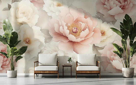 Vintage Peony Floral Renter Floral Wallpaper – lifestyle view, Golden Era Walls