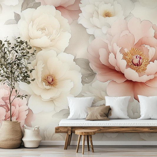 Vintage Peony Floral Renter Floral Wallpaper – room setting, Golden Era Walls