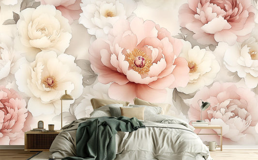 Vintage Peony Floral Renter Floral Wallpaper – peel and stick wallpaper mural, Golden Era Walls