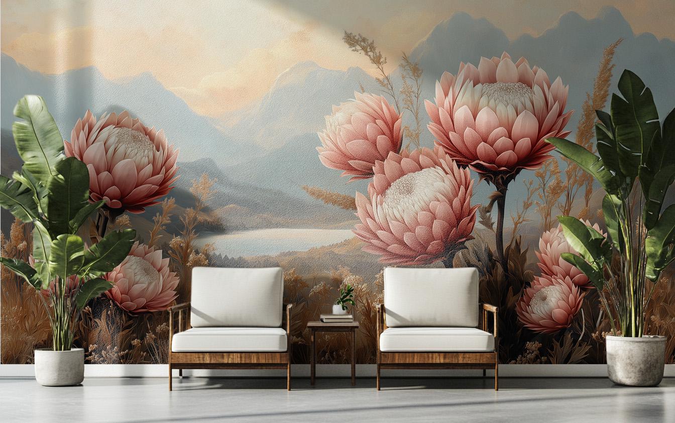 Boho Floral Landscape Hand Floral Wallpaper – scale reference, Golden Era Walls