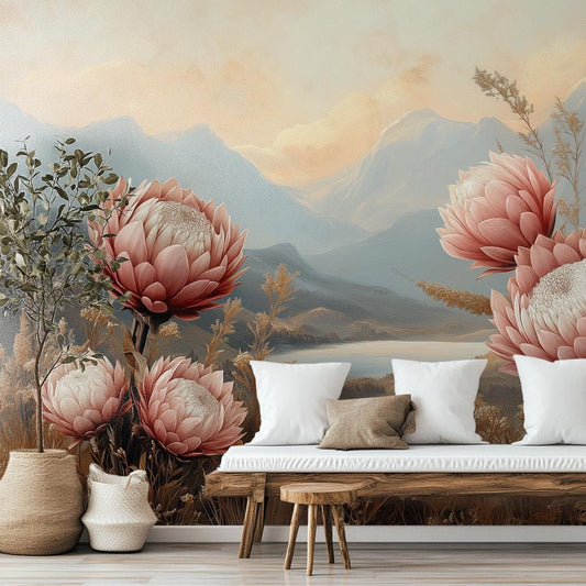 Boho Floral Landscape Hand Floral Wallpaper – room setting, Golden Era Walls