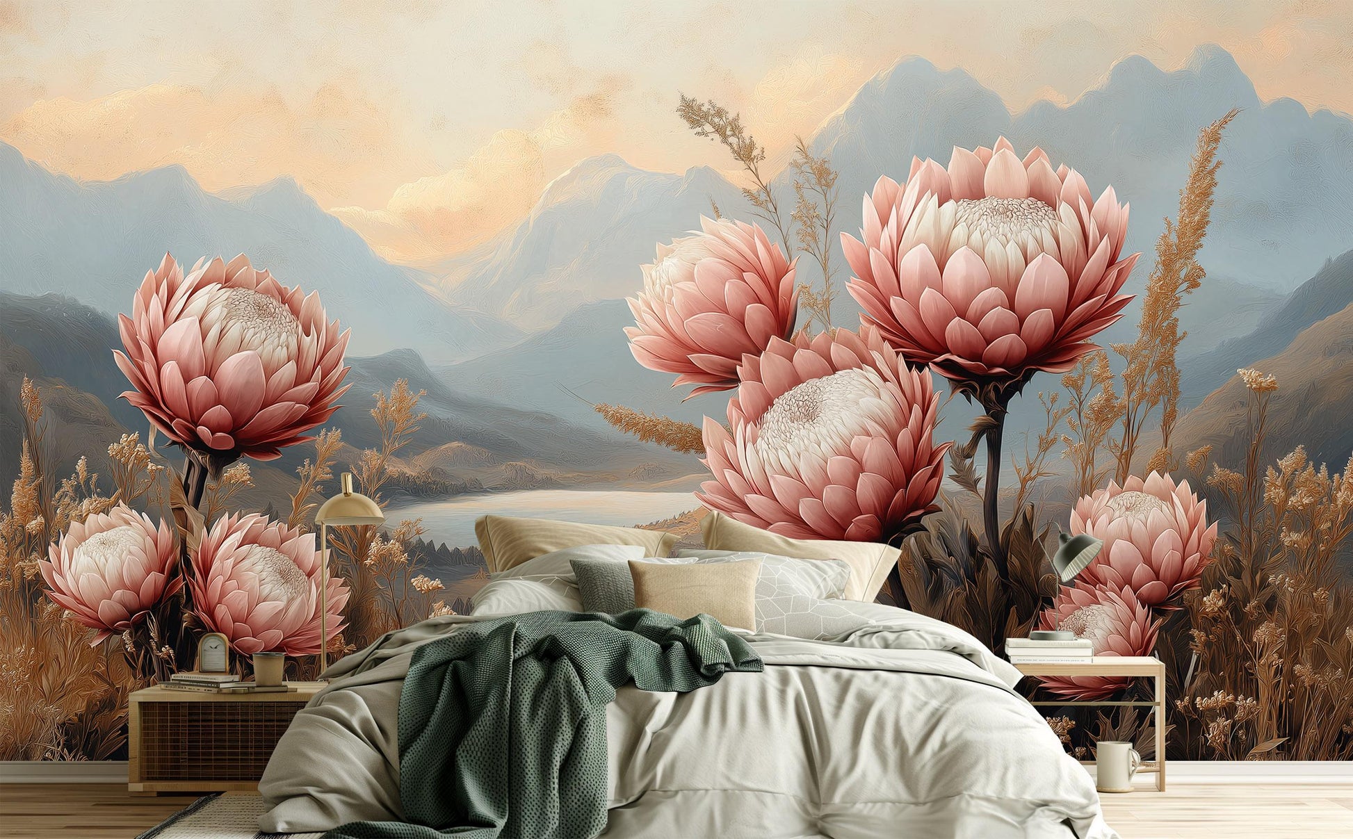Boho Floral Landscape Hand Floral Wallpaper – lifestyle view, Golden Era Walls