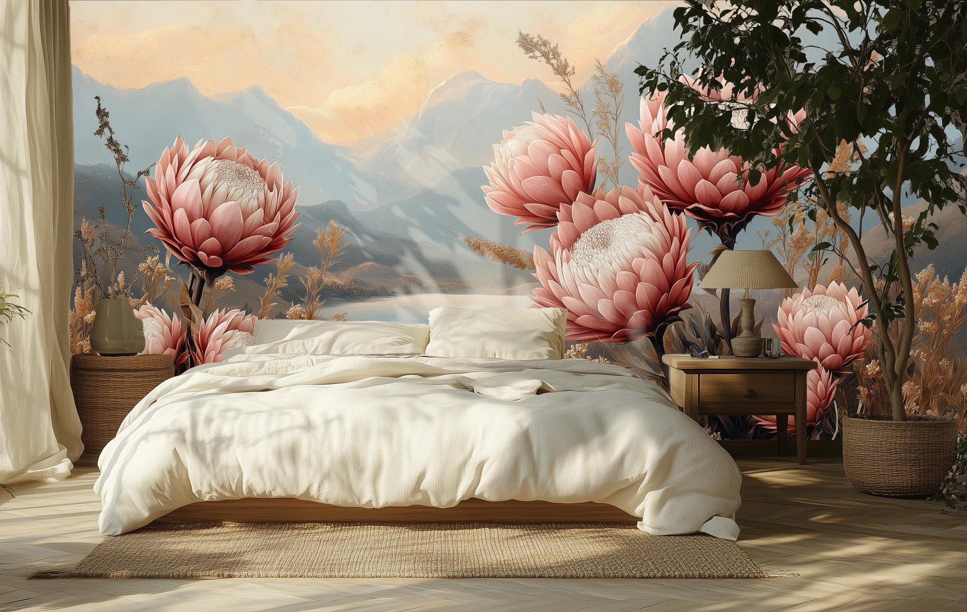 Boho Floral Landscape Hand Floral Wallpaper – peel and stick wallpaper mural, Golden Era Walls