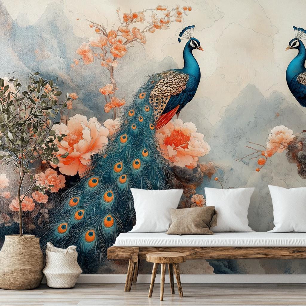Chinoiserie Peacock Hand Painted Floral Wallpaper – detail view, Golden Era Walls