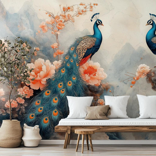Chinoiserie Peacock Hand Painted Floral Wallpaper – detail view, Golden Era Walls