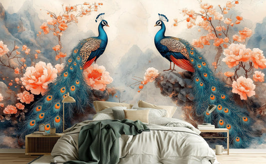 Chinoiserie Peacock Hand Painted Floral Wallpaper – peel and stick wallpaper mural, Golden Era Walls