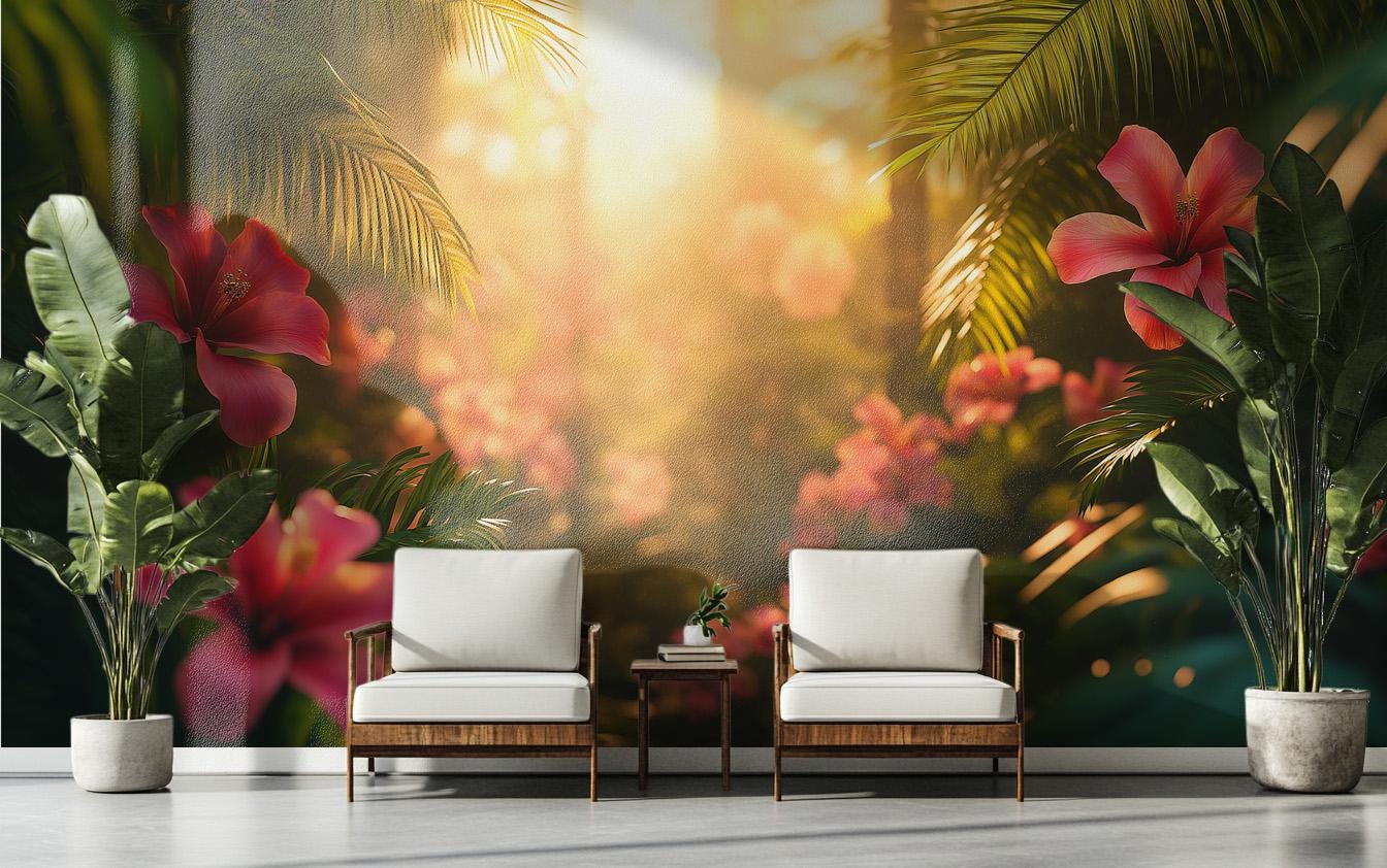 Cinematic Tropical Jungle Vibrant Floral Wallpaper – lifestyle view, Golden Era Walls