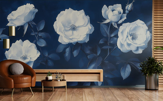 Cyanotype White Rose Print Floral Wallpaper – room setting, Golden Era Walls