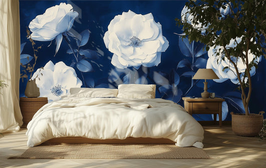 Cyanotype White Rose Print Floral Wallpaper – lifestyle view, Golden Era Walls