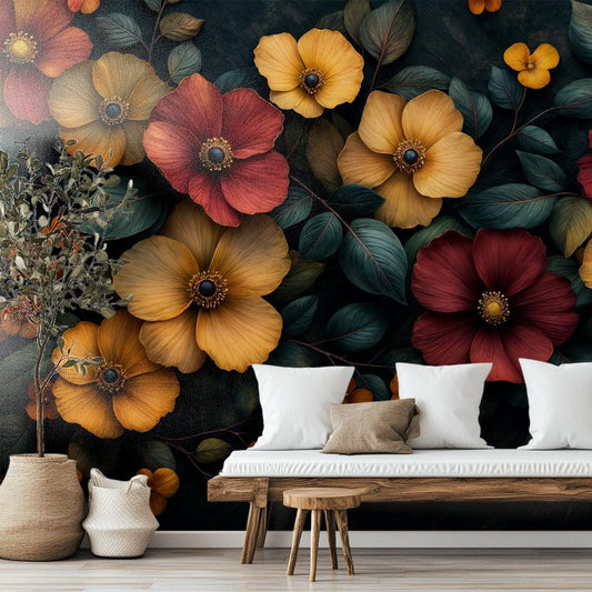 Dark Academia Floral Moody Floral Wallpaper – lifestyle view, Golden Era Walls