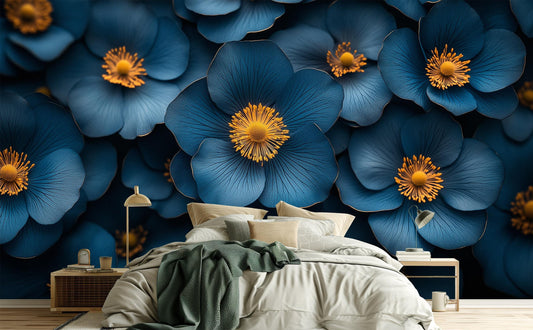 Dark Blue Floral Luxurious Floral Wallpaper – lifestyle view, Golden Era Walls