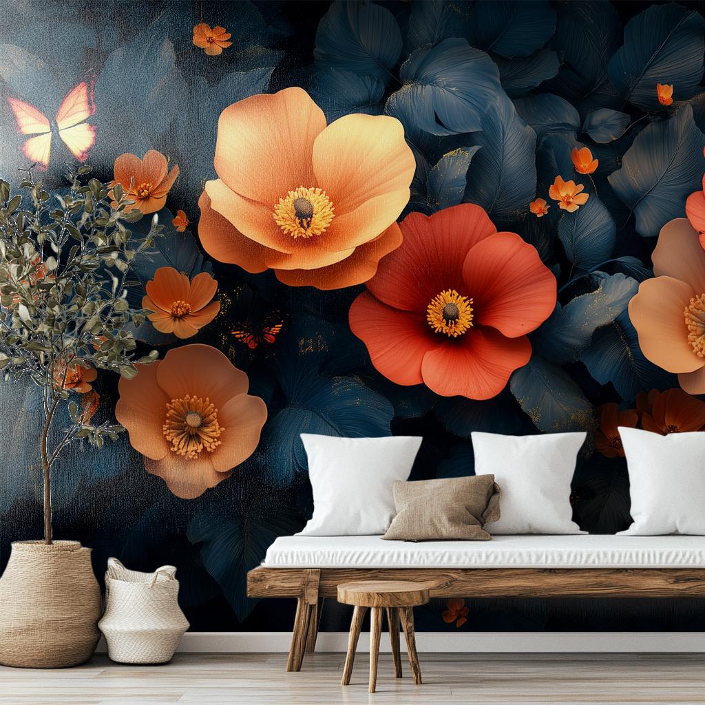 Dark Botanical Floral Dreamy Floral Wallpaper – room setting, Golden Era Walls